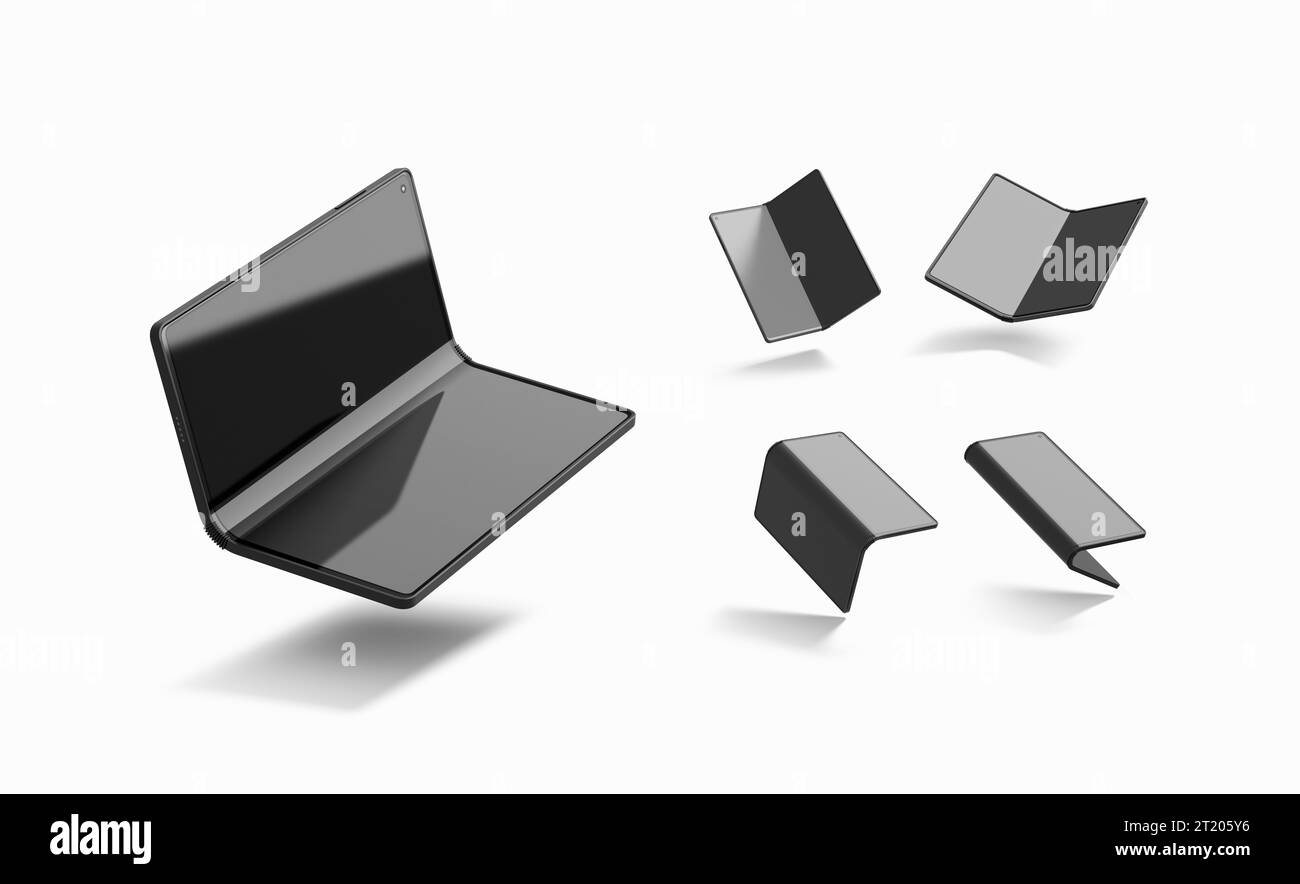 Blank black flexible book phone display opened mockup, different types ...