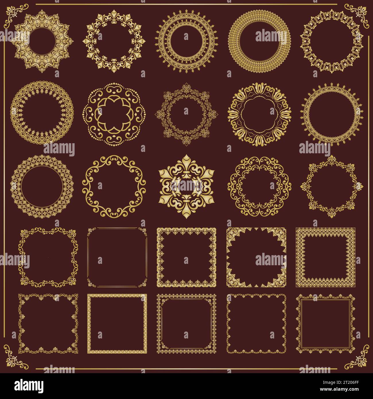 Vintage set of vector brown and golden square and round elements ...