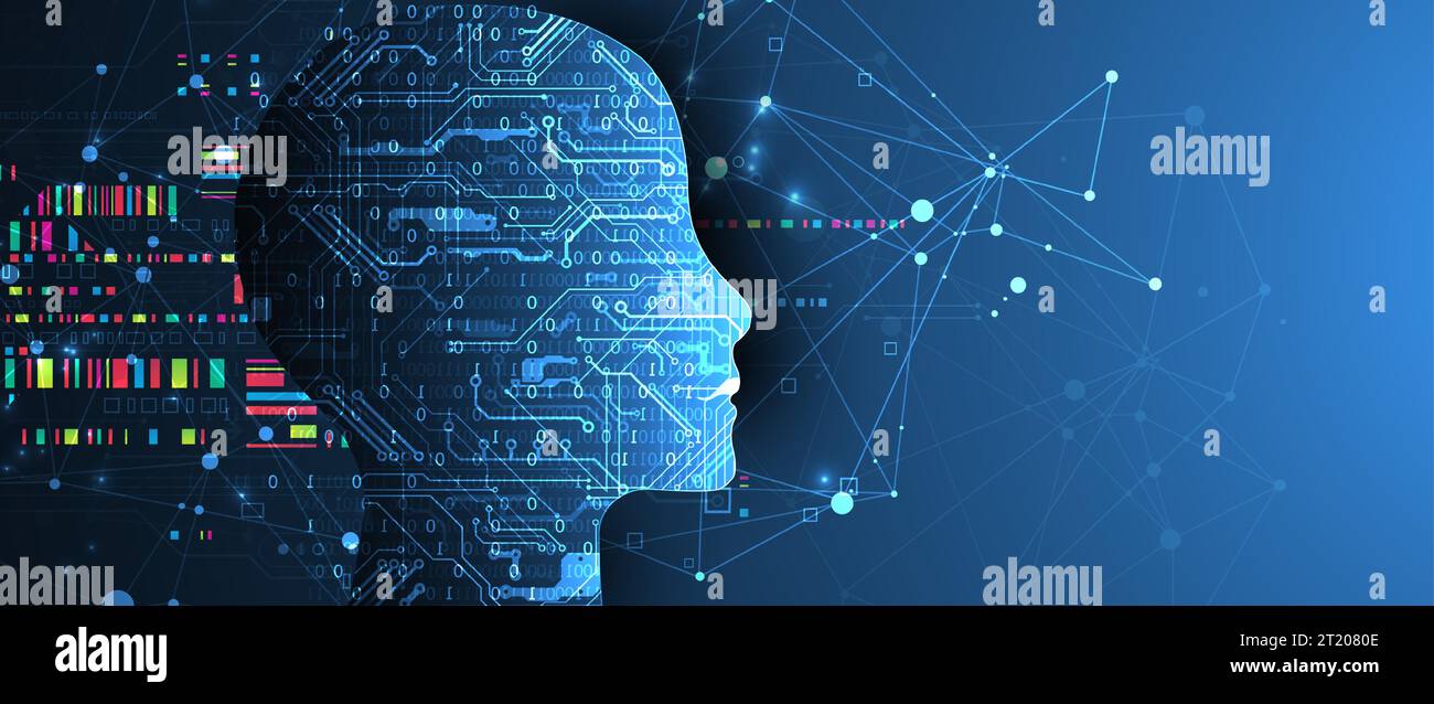 Tech Intelligence Artificial Intelligence. Technical background with a silhouette of a ...