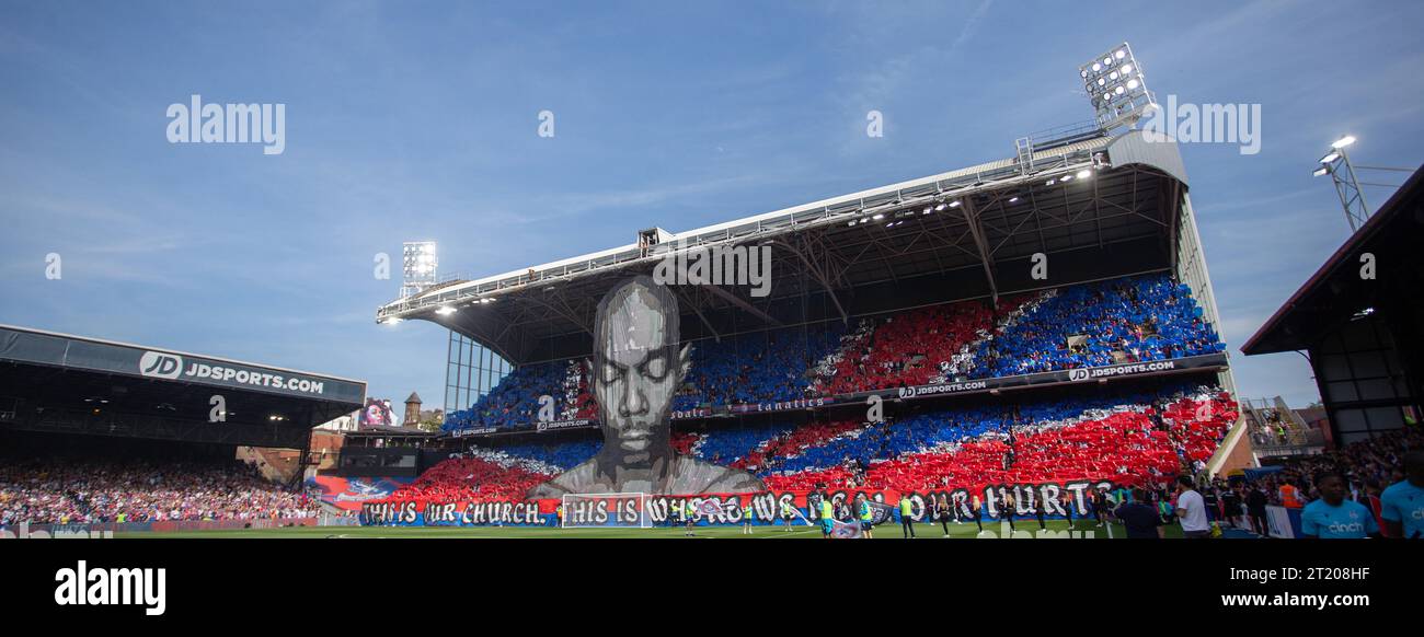Crystal Palace fans TIFO fan display in the Holmesdale Stand at Selhurst park in memory of Maxi Jazz. - Crystal Palace v Nottingham Forest, Premier League, Selhurst Park Stadium, Croydon, UK - 28th May 2023. Editorial Use Only - DataCo restrictions apply. Stock Photo