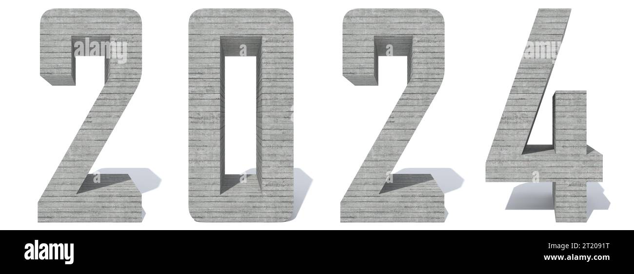 Conceptual 2024 year made of rough concrete font isolated on white