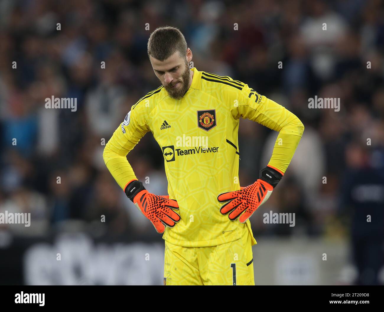 David De Gea of Manchester United looks disappointed & dejected. - West Ham United v Manchester United, Premier League, The London Stadium, London, UK - 7th May 2023. Editorial Use Only - DataCo restrictions apply Stock Photo