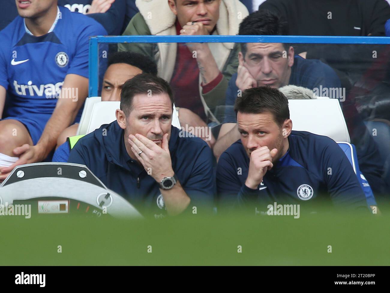 Frank Lampard Manager of Chelsea looks disappointed & dejected. - Chelsea v Brighton & Hove Albion, Premier League, Stamford Bridge Stadium, London, UK - 15th April 2023. Editorial Use Only - DataCo restrictions apply Stock Photo