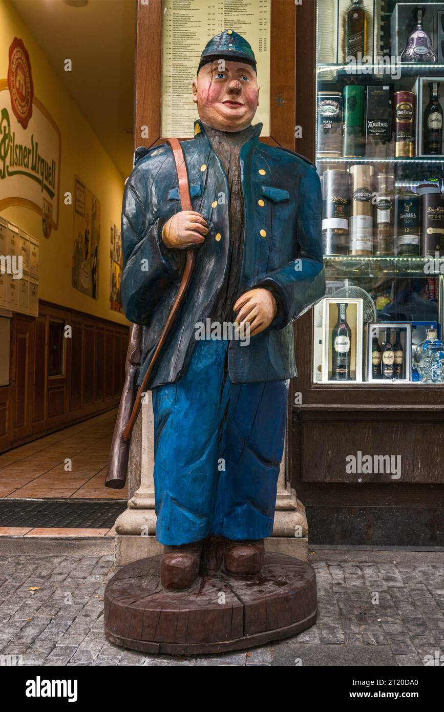 Good Soldier Švejk figure at restaurant entrance at Václavské náměstí (Wenceslas Square), Prague, Czech Republic Stock Photo