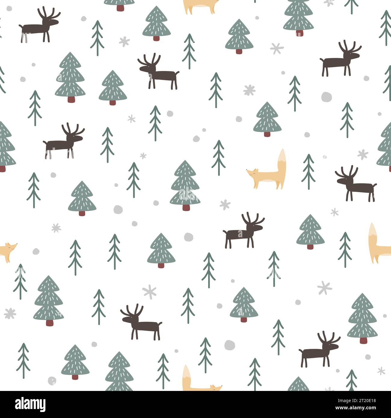 Seamless Forest pattern with cute foxes and deer. Cartoon trees and ...