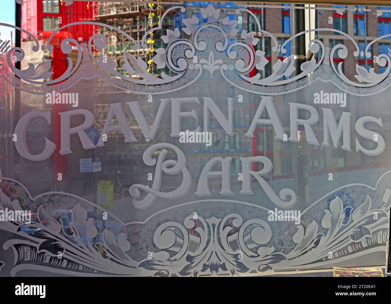 Traditional real ale pub stained glass bar window, The Craven Arms, 47 Upper Gough St, Birmingham, West Midlands, England, UK,  B1 1JL Stock Photo