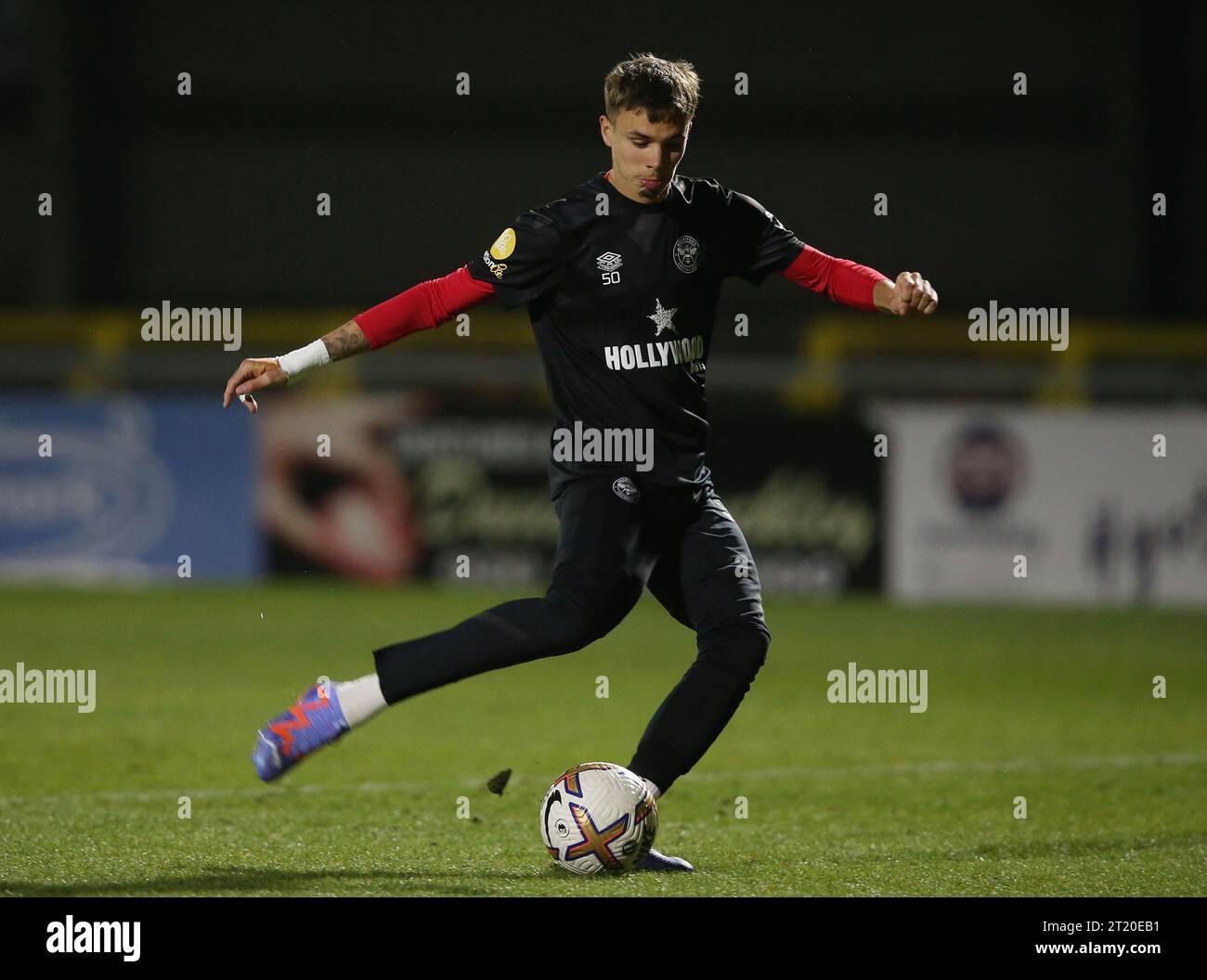 Romeo Beckham of Brentford B warms up. - Brentford B v Arsenal U21, Premier League Cup, Quarter final, VBS Community Stadium, Sutton, UK - 13th March 2023. Editorial Use Only - DataCo restrictions apply, Editorial Use Only. Stock Photo