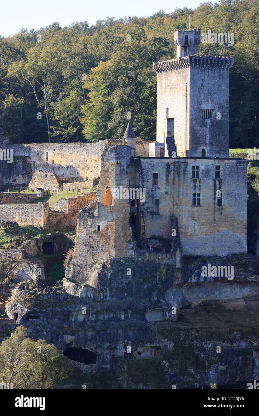 Ruins of the Château de Commarque, an ancient fortified castle, whose origin dates back to the 12th century, which stands in the French commune of Les Stock Photo