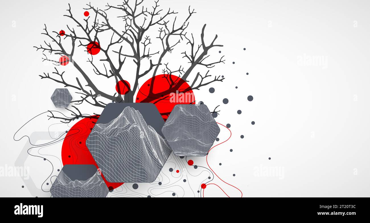 Art concept. Abstract mountains forms with Silhouette of a tree Stock ...