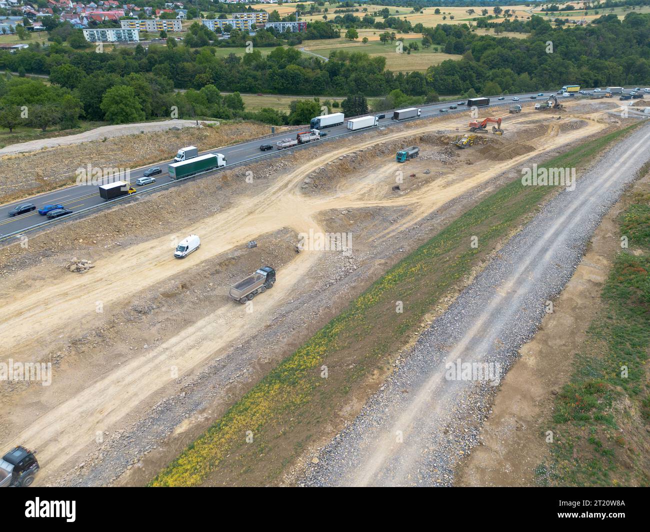 Motorway construction site with construction vehicles and machines, new construction and renovation of the A8 near Pforzheim, drone recording Stock Photo