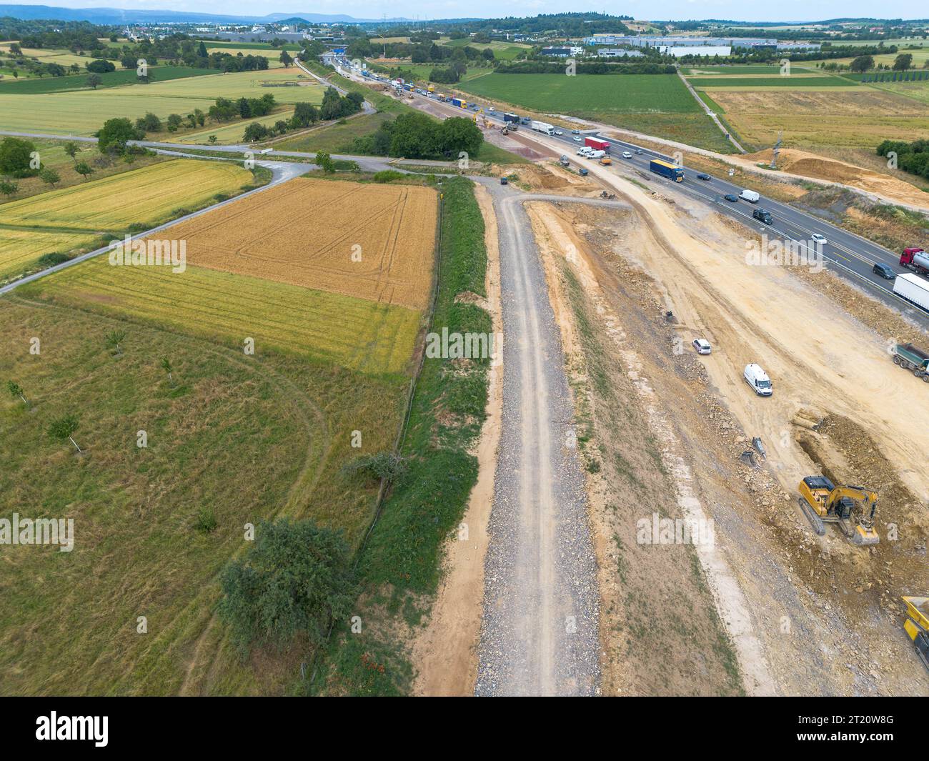 Motorway construction site with construction vehicles and machines, new construction and renovation of the A8 near Pforzheim, drone recording Stock Photo