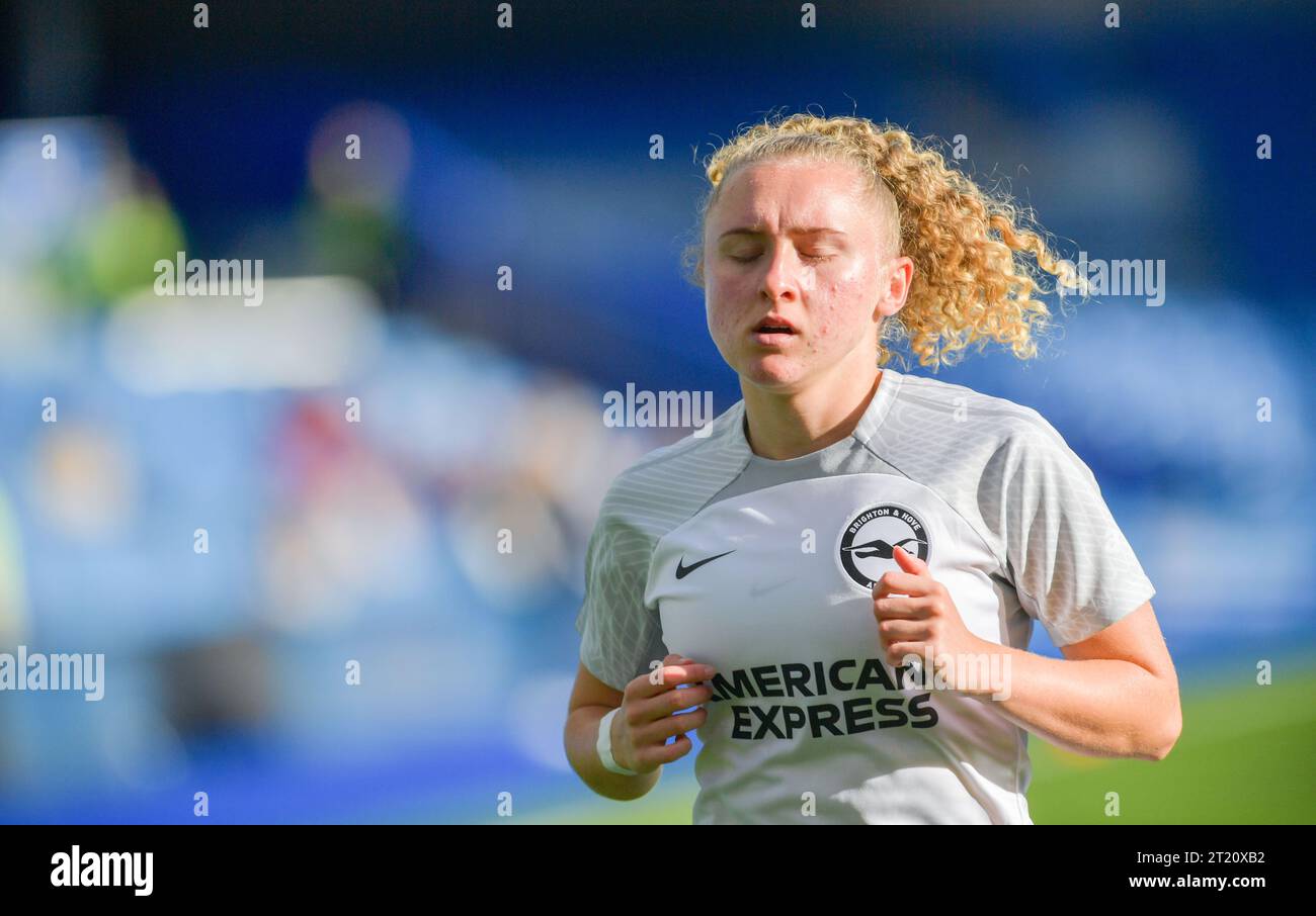 Brighton UK 15th October 2023 -  Katie Robinson of Brighton warms up during the Barclays  Women's Super League football match between Brighton & Hove Albion and Tottenham Hotspur at The American Express Stadium (Editorial Use Only) : Credit Simon Dack /TPI/ Alamy Live News Stock Photo