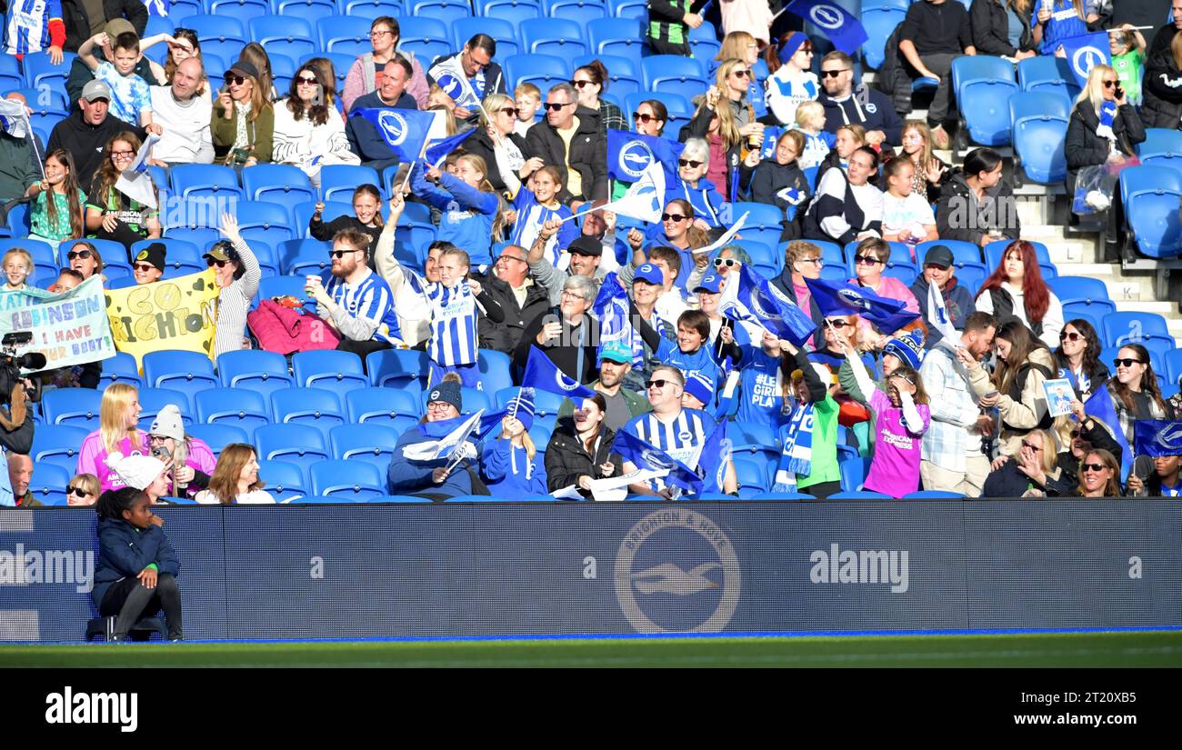 Brighton UK 15th October 2023 -  Fans during the Barclays  Women's Super League football match between Brighton & Hove Albion and Tottenham Hotspur at The American Express Stadium (Editorial Use Only) : Credit Simon Dack /TPI/ Alamy Live News Stock Photo