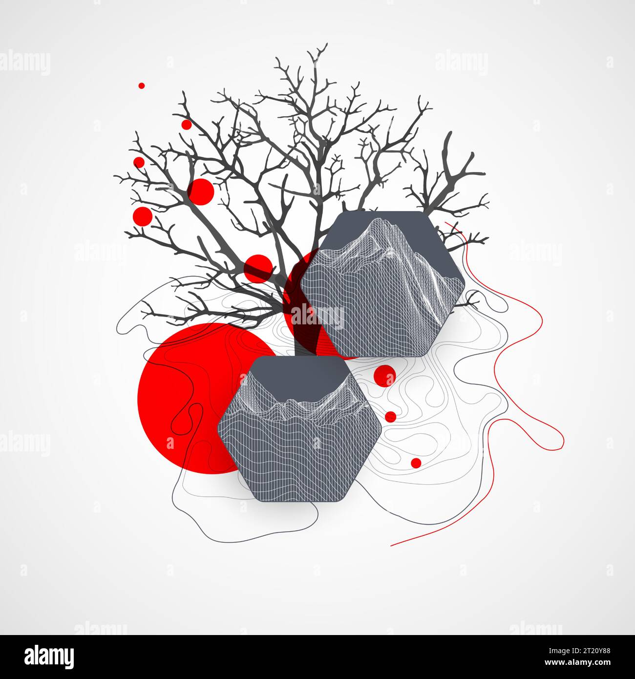 Art concept. Abstract mountains forms with Silhouette of a tree Stock ...