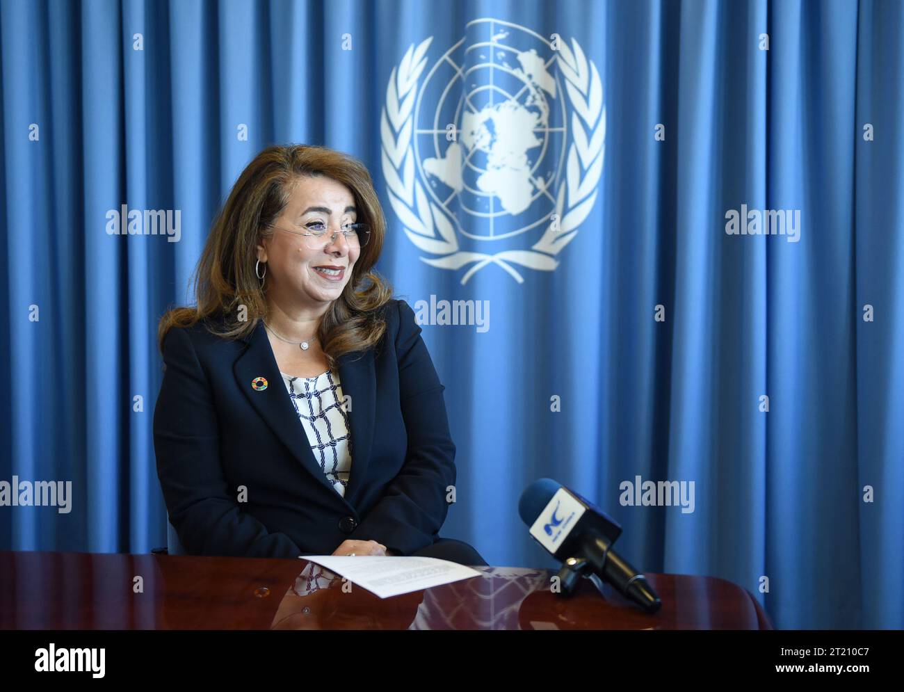 Vienna, Austria. 13th Oct, 2023. Ghada Waly, executive director of the United Nations Office on Drugs and Crime (UNODC), speaks during an interview with Xinhua in Vienna, Austria, Oct. 13, 2023. TO GO WITH 'Interview: BRI contributes to UN Sustainable Development Goals, UN official says' Credit: He Canling/Xinhua/Alamy Live News Stock Photo