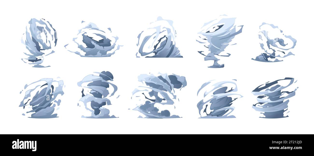 Cartoon tornado effect. Windy cyclone hurricane whirlwind animation sprite, fast hurricane wind vortex destruction sprite asset. Vector isolated set Stock Vector