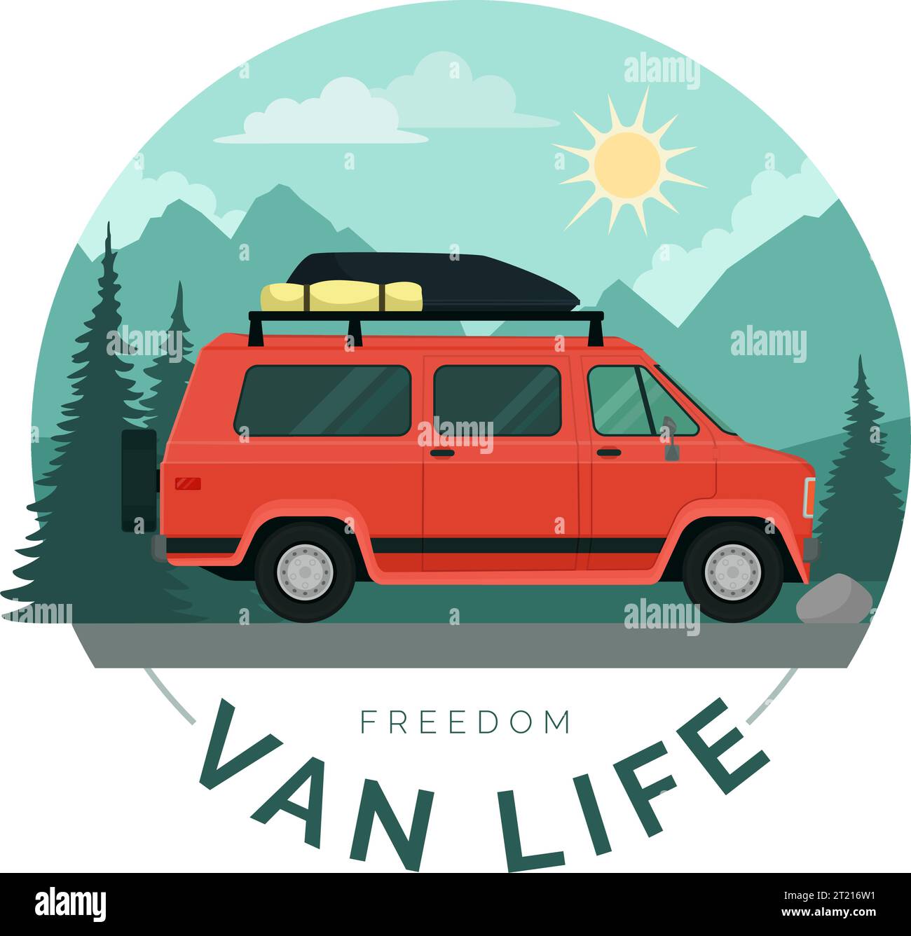 Van life and travel: van and mountain landscape background, isolated badge Stock Vector