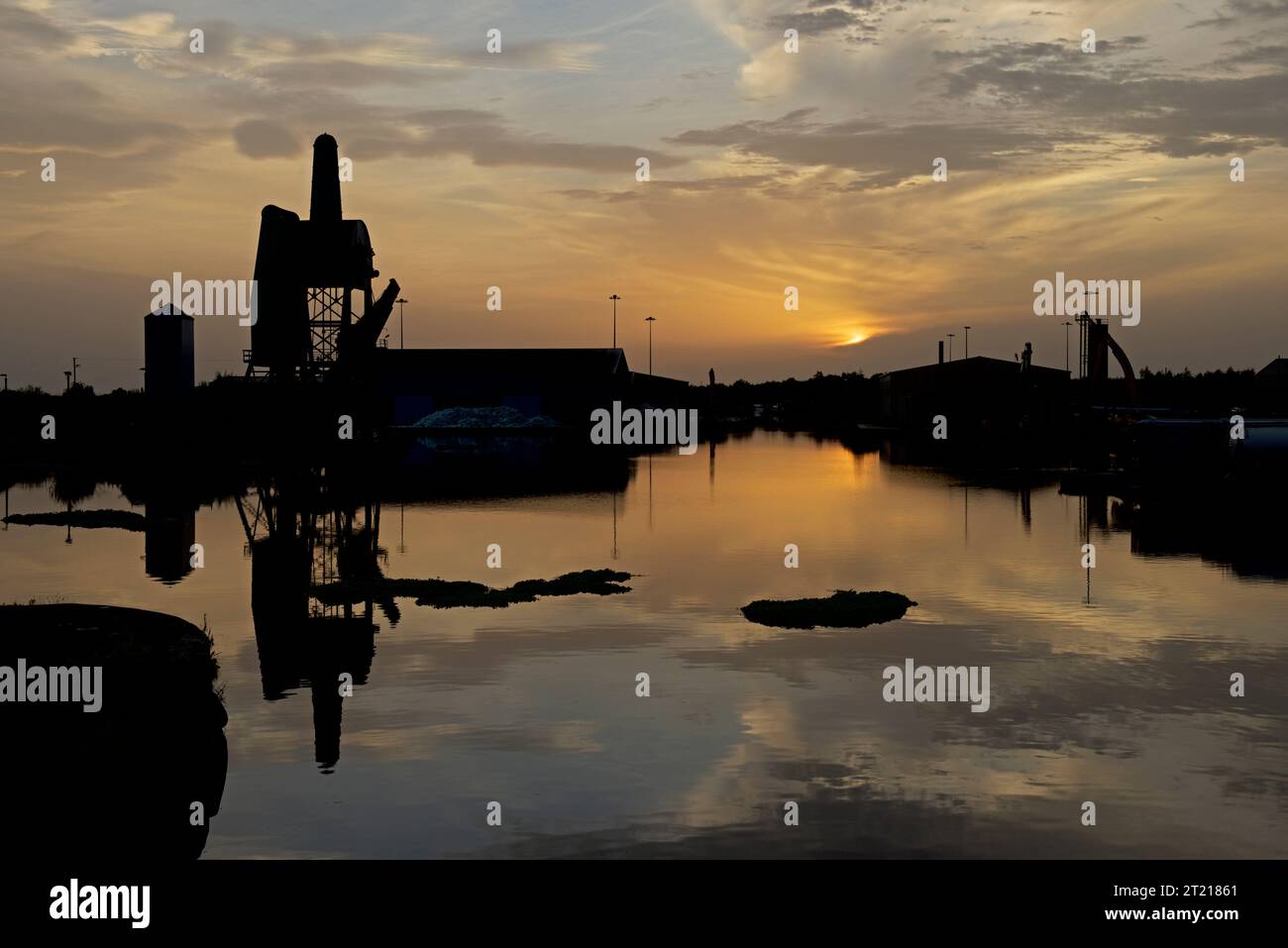 The Tom Pudding hoist, silhouetted against the evening sky, at the docks, Goole,. East Yorkshire