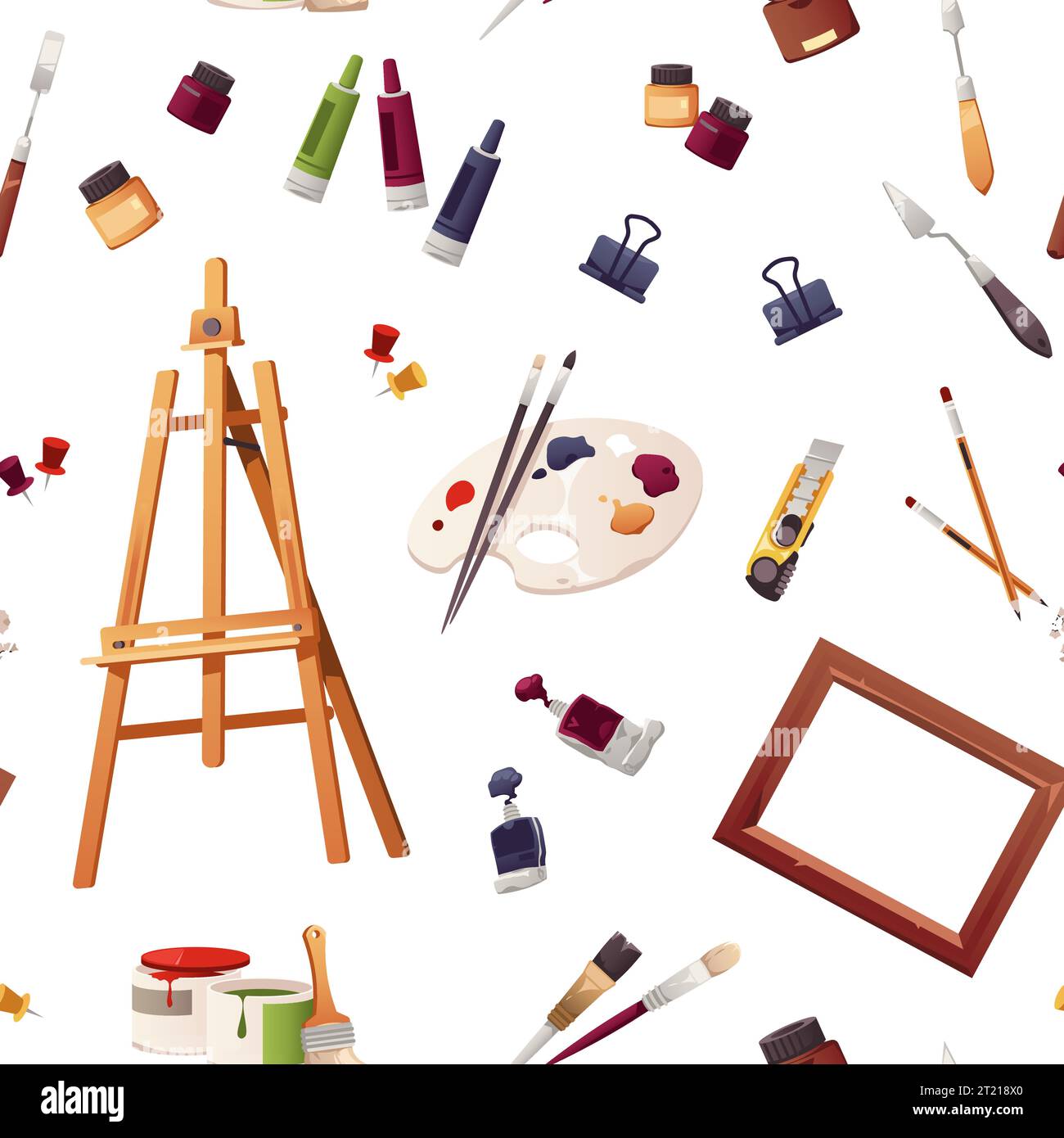 Art tools pattern. Seamless print of various painting and drawing equipment, endless background with cartoon paintbrush palette pencils. Vector Stock Vector