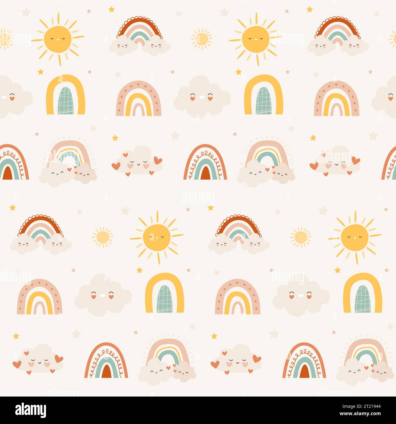 Cute rainbow sun pattern. Seamless print of childish abstract happy elements, kids background for wrapping paper textile. Vector texture Stock Vector