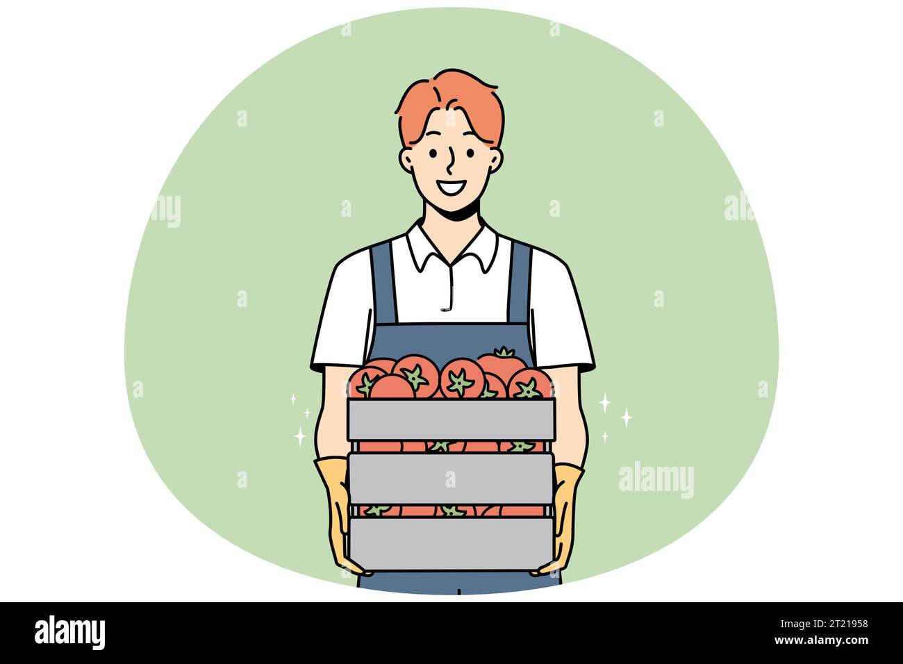 Smiling male farmer holding box of fresh tomatoes. Happy man gardener ...