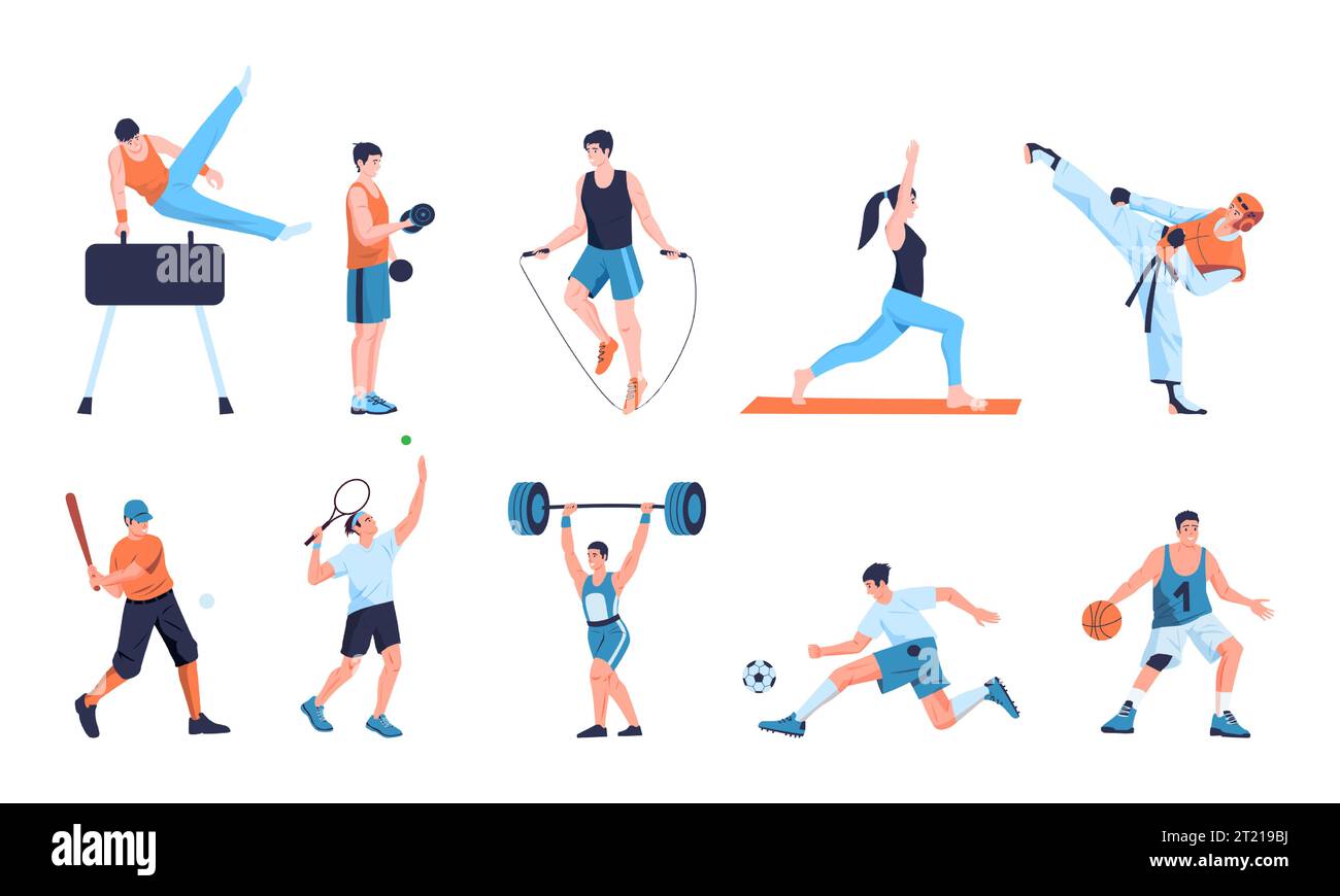 Sports people set. Cartoon characters training in gym, man and woman