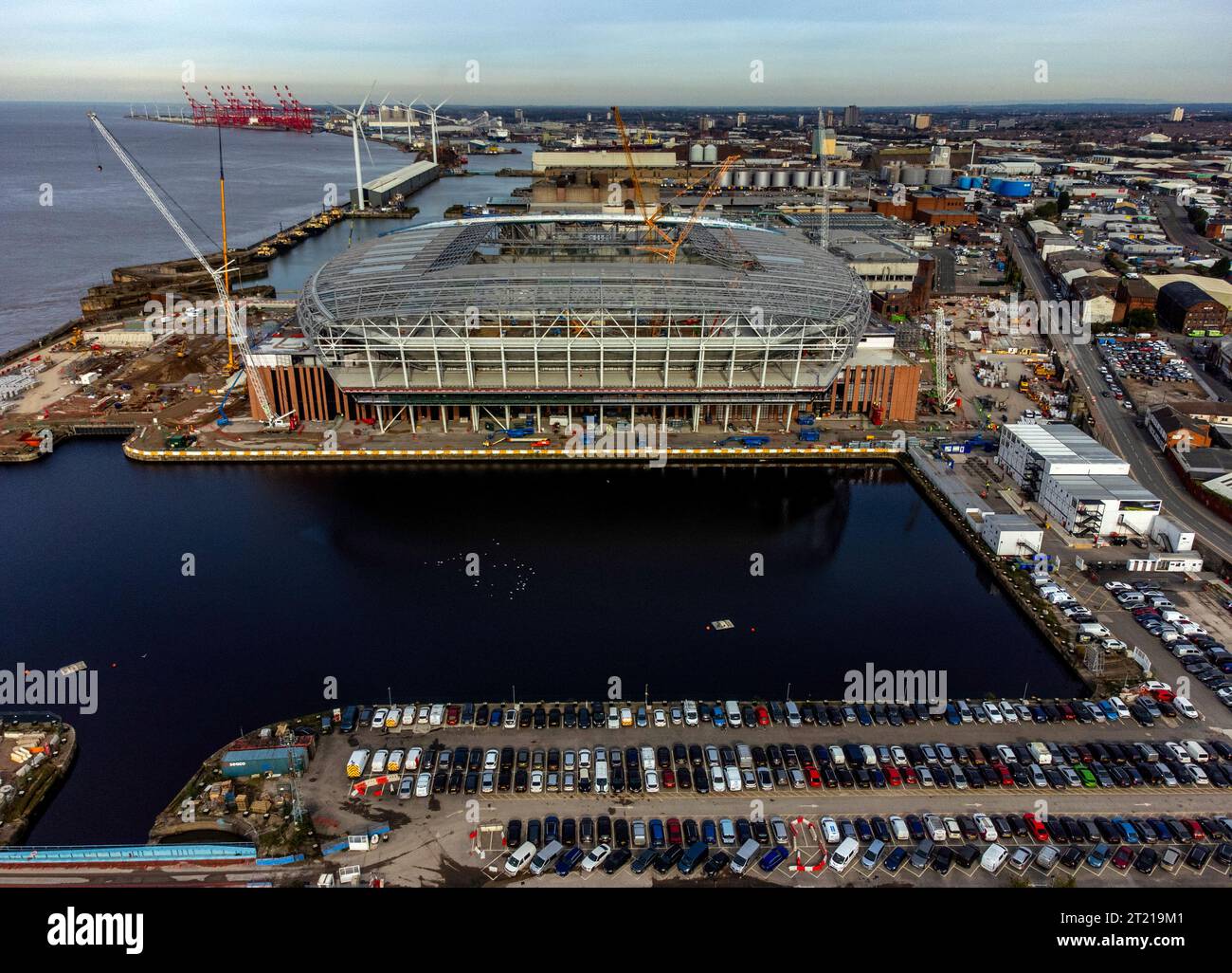 An aerial view as construction work continues on the site of Everton