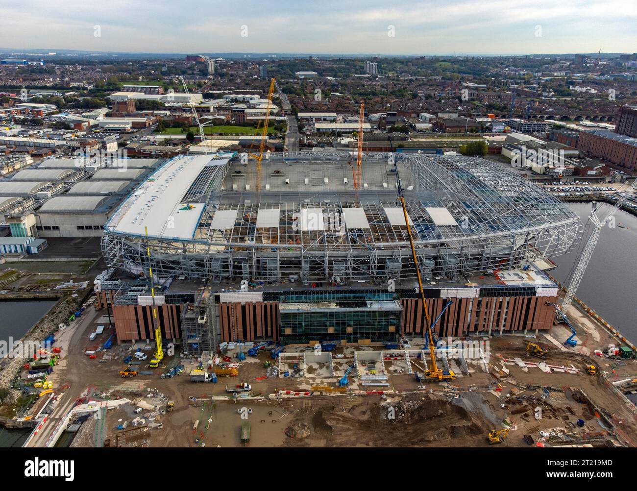 An aerial view as construction work continues on the site of Everton