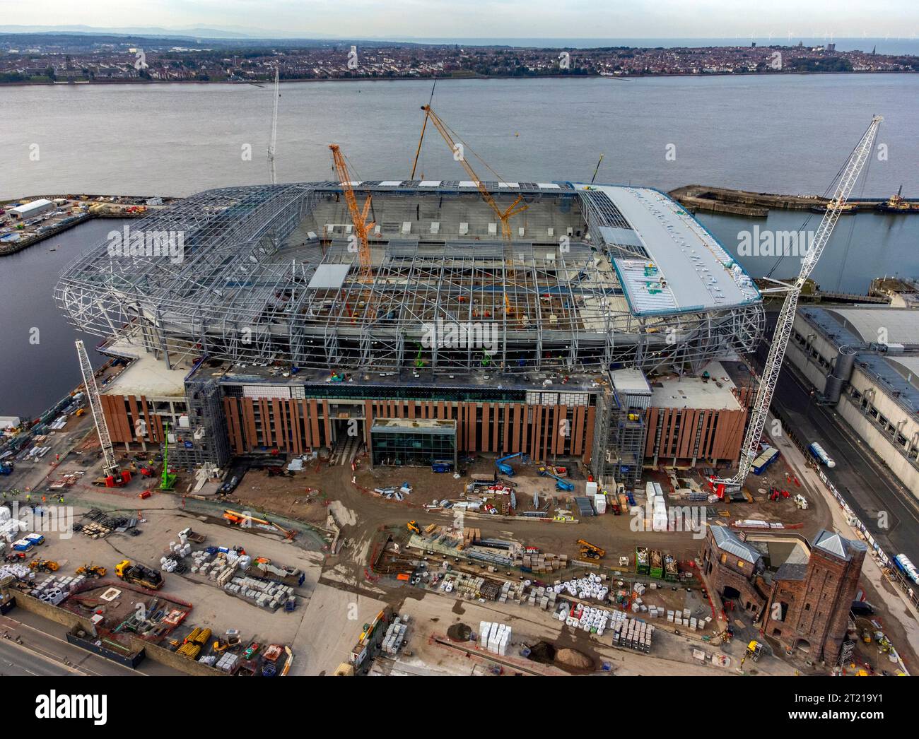 An aerial view as construction work continues on the site of Everton