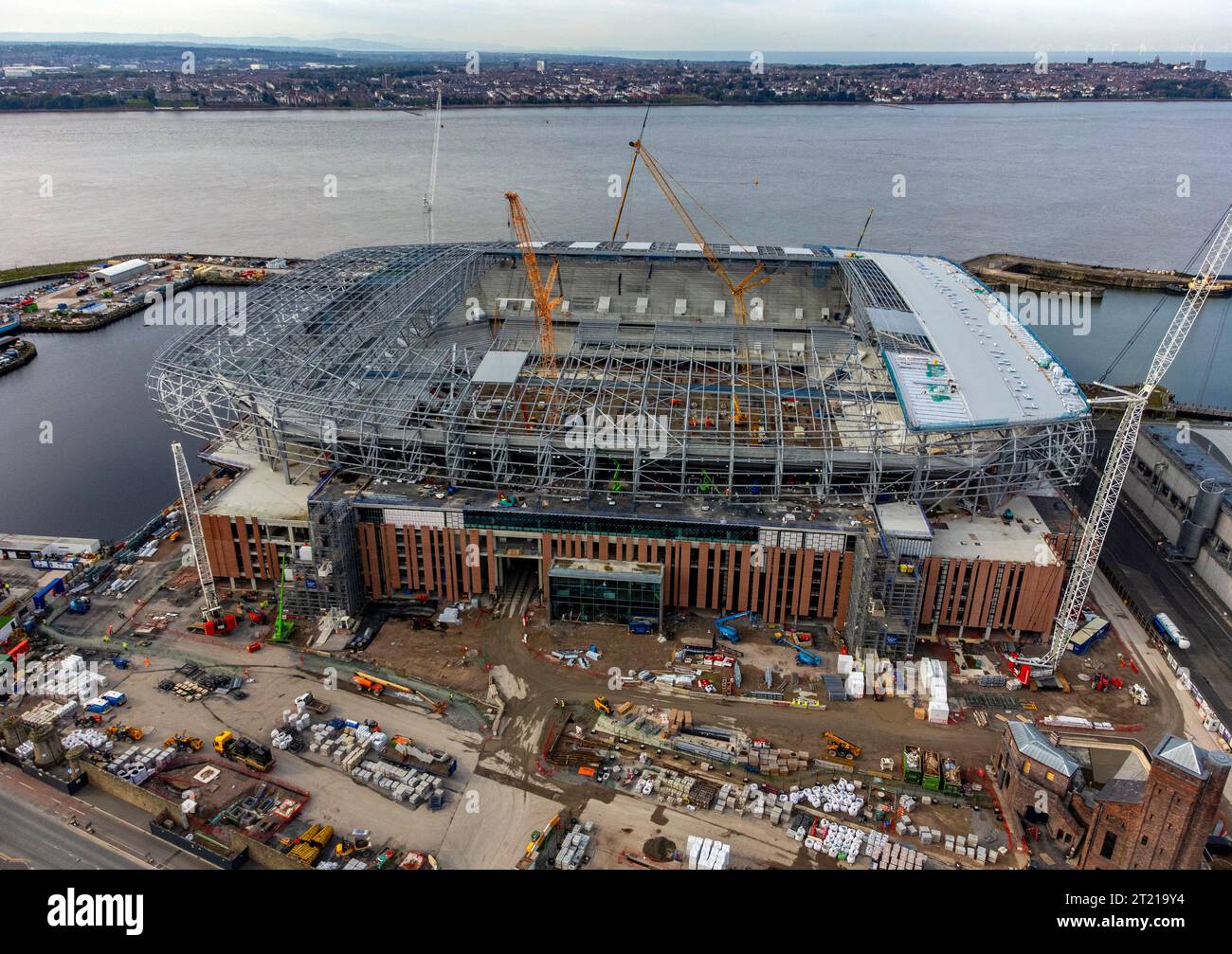 An aerial view as construction work continues on the site of Everton