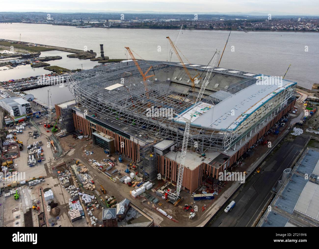 An aerial view as construction work continues on the site of Everton