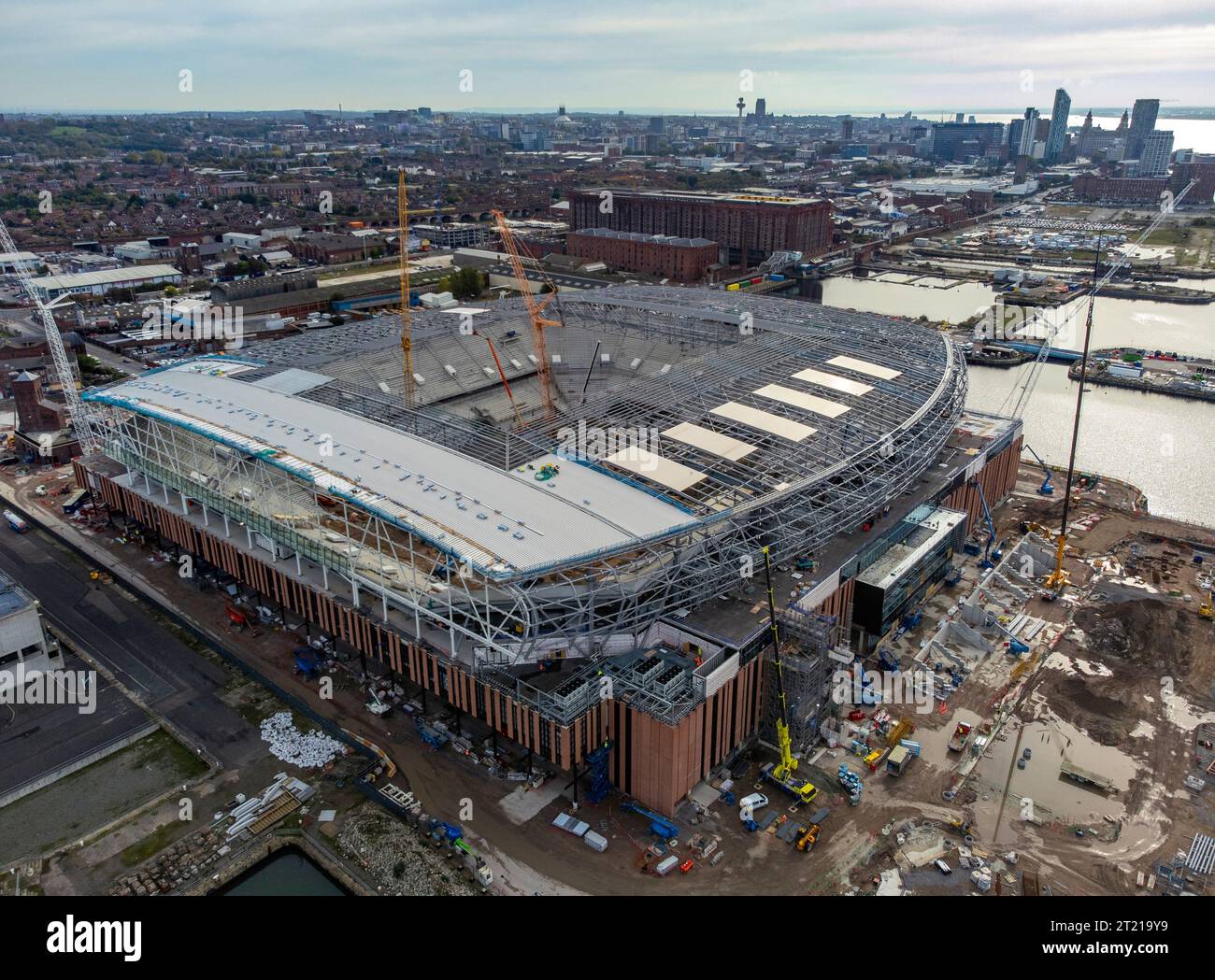An aerial view as construction work continues on the site of Everton