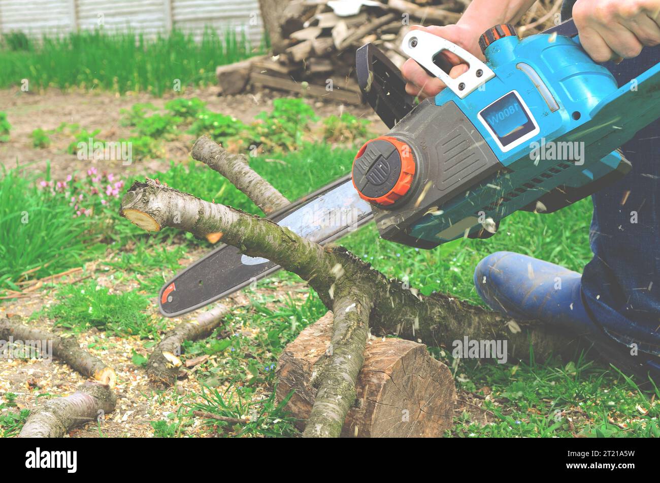 Work with the power tool. Electric in the hands of a man. Garden