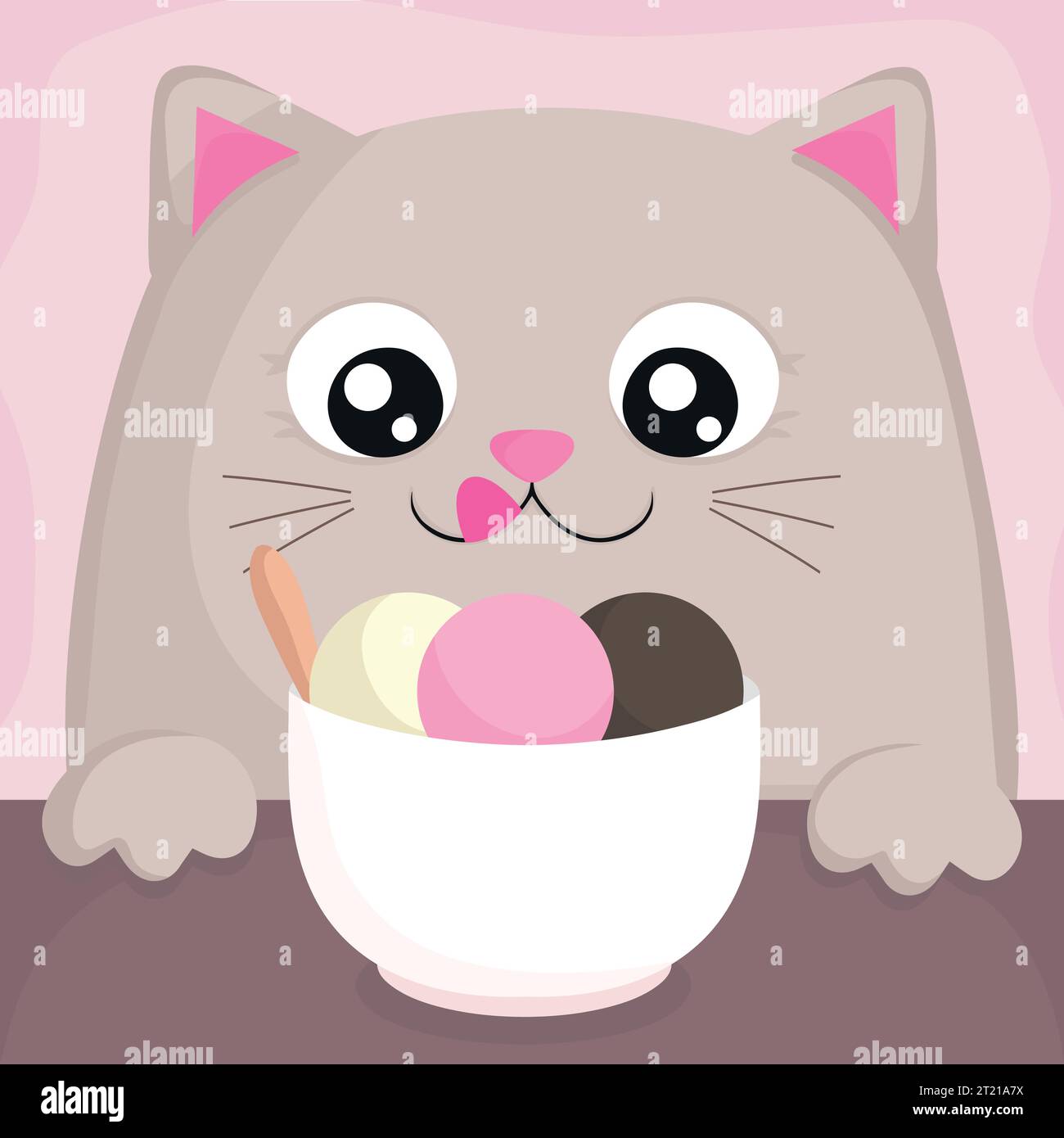 Cute smiling cartoon cat is getting ready to eat ice cream. Cat looking