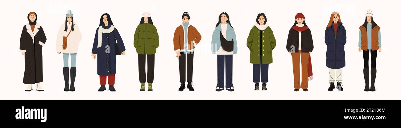 Women in fashion winter clothes. Modern trendy female characters wearing casual elegant outfit, trendy stylish street fashion. Vector isolated set Stock Vector