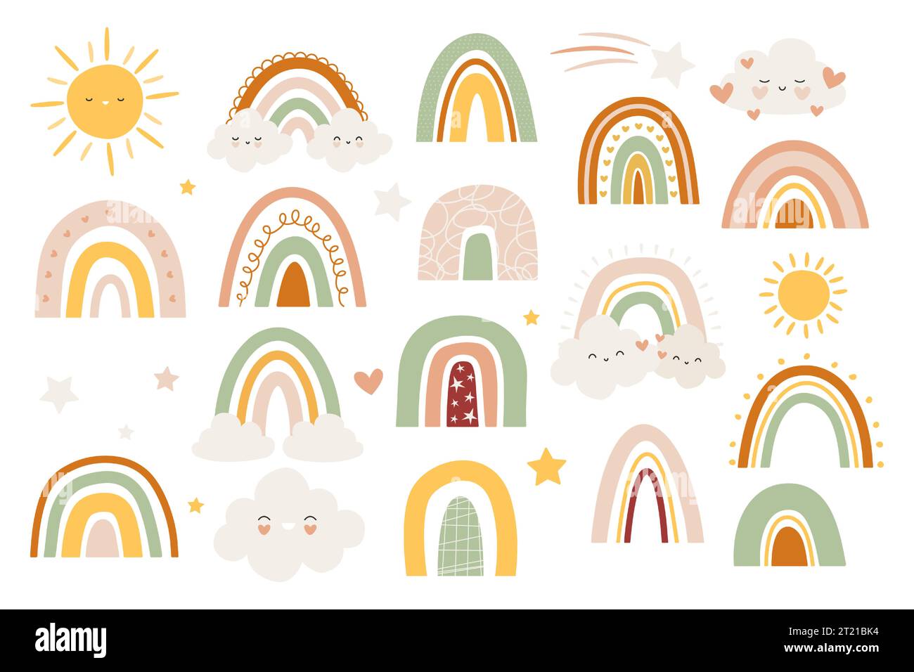 Cute rainbow cloud sun. Abstract hand drawn colorful meteorological symbols, childish boho abstract sky elements for wrapping wallpaper design. Vector Stock Vector