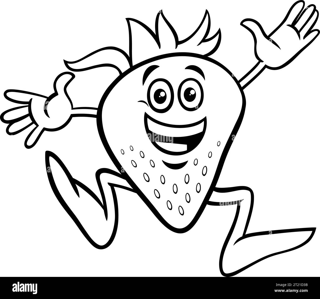 Black and white cartoon illustration of happy strawberry fruit comic character coloring page Stock Vector