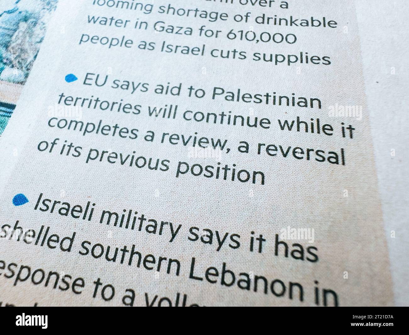 Paris, France - Oct 11, 2023: Financial Times Headlines on Israel-Palestine Conflict: Military Escalation, EU's Stance, and Supply Quandary Stock Photo