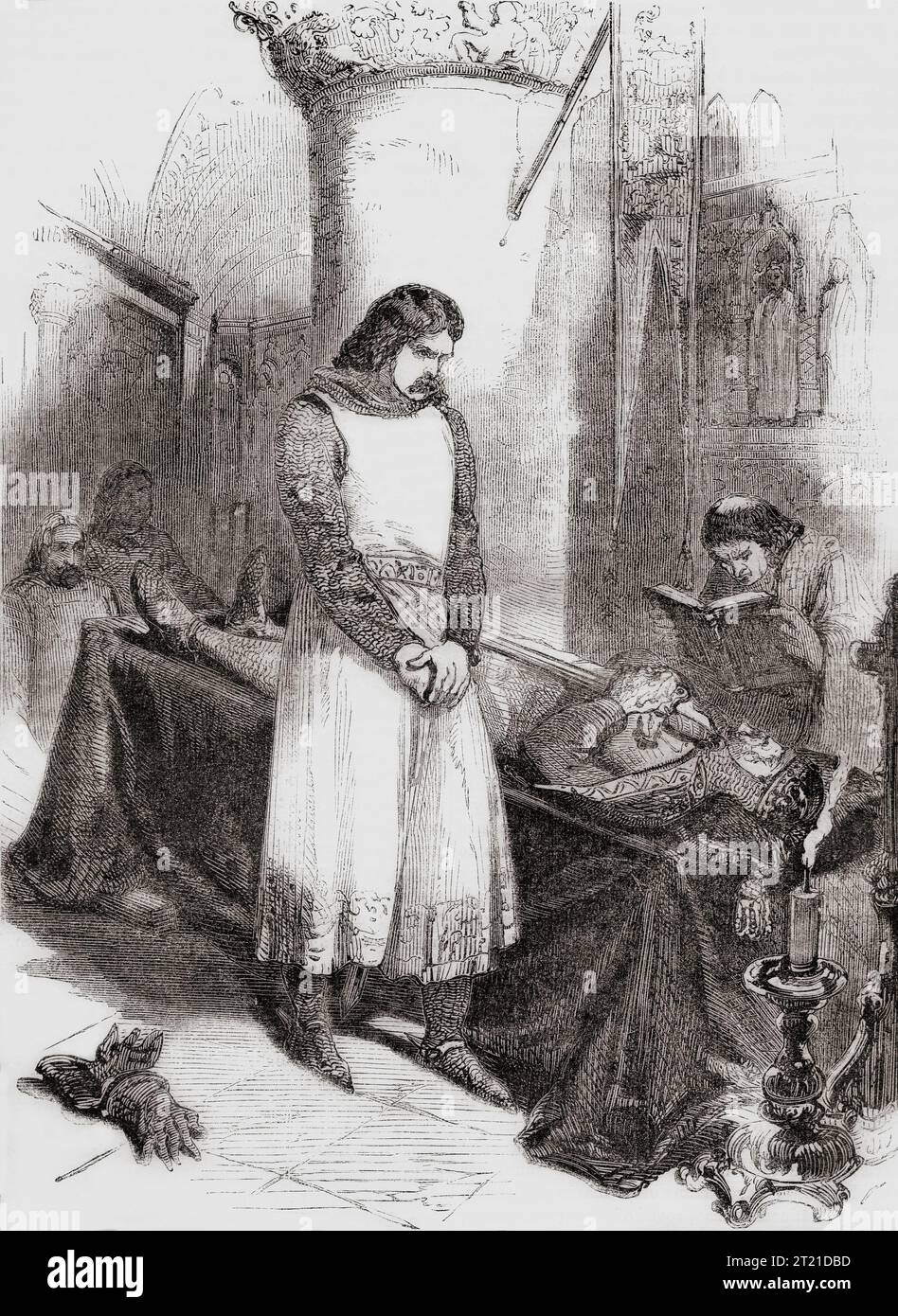 Richard the Lionheart beside the dead body of his father Henry II of England, 1189.  Richard I, 1157 – 1199, aka Richard the Lionheart and Richard Coeur de Lion. King of England.  From Cassell's Illustrated History of England, published 1857. Stock Photo