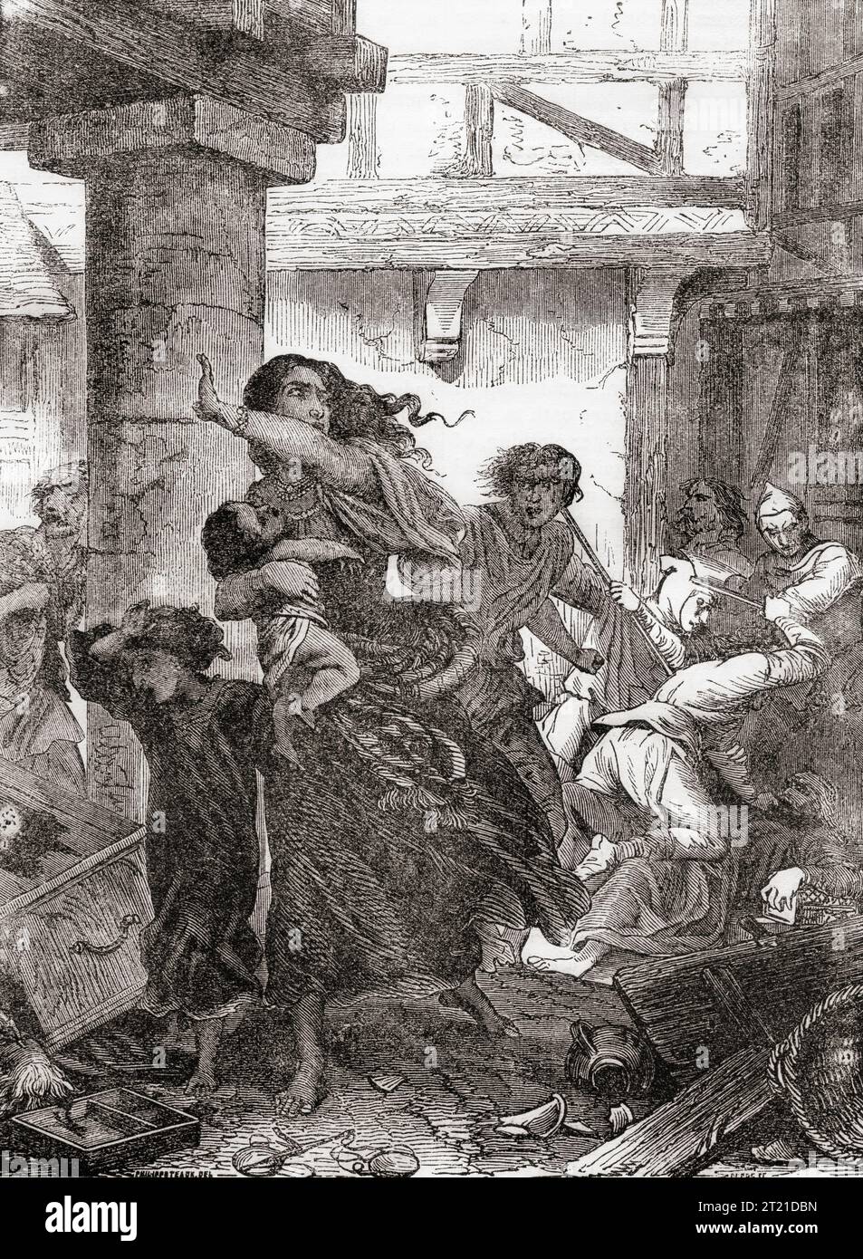 Anti-Semitic riots broke out at the coronation of Richard I in 1189 in London. Angry mobs murdered some 30 Jews as a false rumour spread that the new king had called for Jews to be killed. Afterward, Richard ordered that the Jews of England be protected.  From Cassell's Illustrated History of England, published 1857. Stock Photo