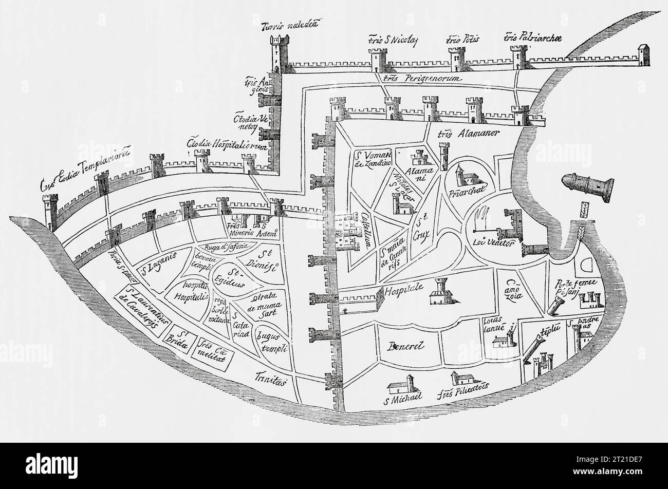 Plan of the town of Acre, Israel, in the 14th century, from a drawing by Martino Sanuto in the 21st volume of the Archaeologia.  From Cassell's Illustrated History of England, published 1857. Stock Photo