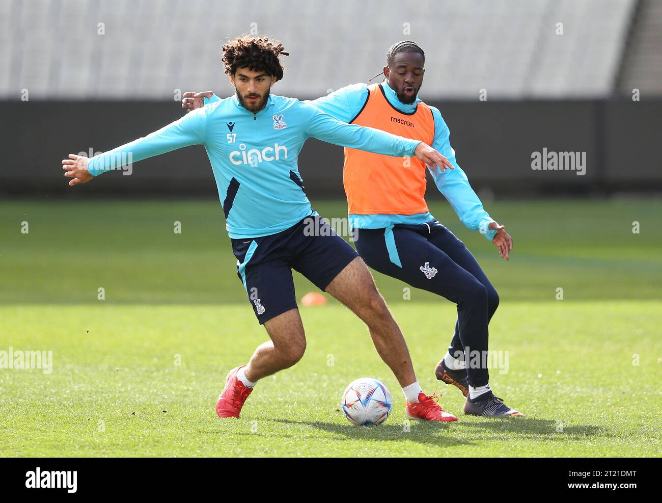 Cardo Siddik of Crystal Palace battles the ball with Jean Philippe Mateta of Crystal Palace during the Pre match training session for the Crystal Palace v Manchester United match at the MCG on 19th July 2022. - Crystal Palace Pre Match Training, Crystal Palace v Manchester United, MCG Stadium, Melbourne. - 18th July 2022 Editorial Use Only Stock Photo