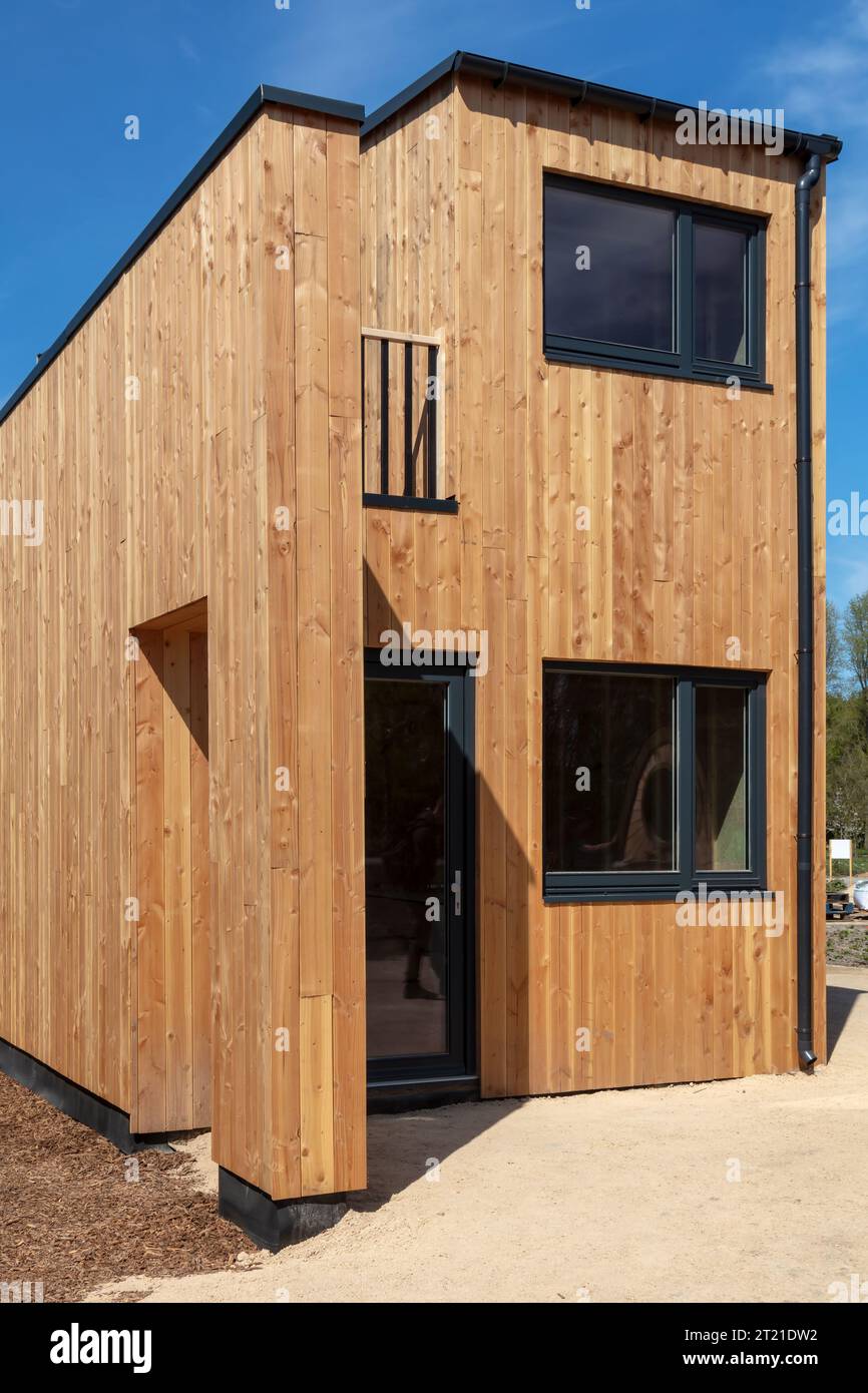 Almere, The Netherlands - April 21, 2022: New wooden tiny house on the Floriade expo in Almere, The Netherlands Stock Photo
