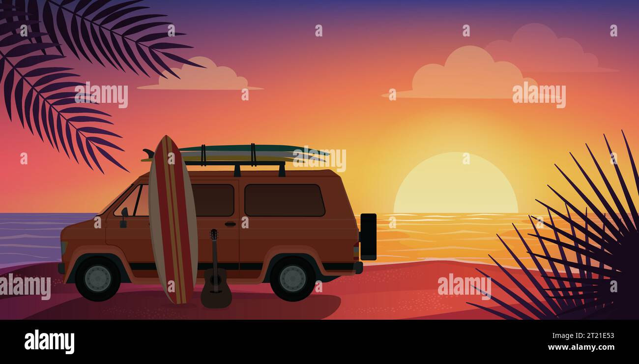 Van life: van and surfboard on the beach at sunset Stock Vector
