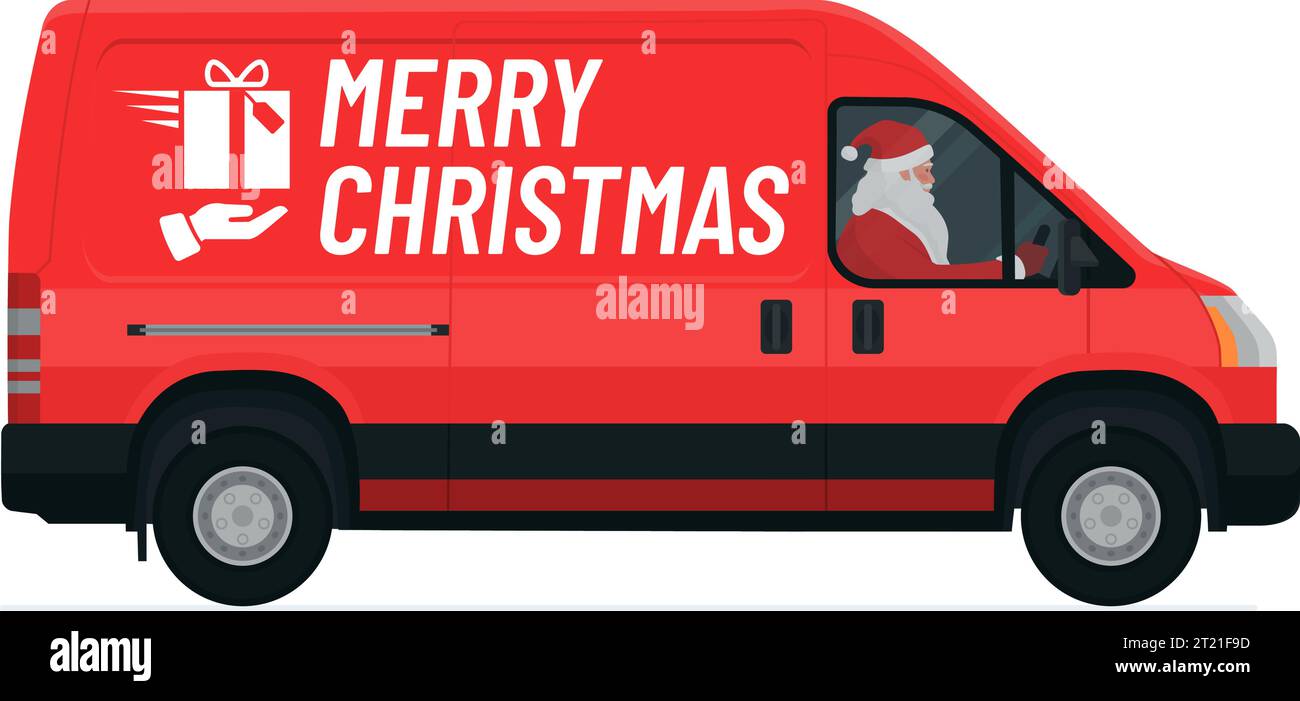Santa Claus driving a courier van and delivering gifts, Christmas wishes, isolated Stock Vector