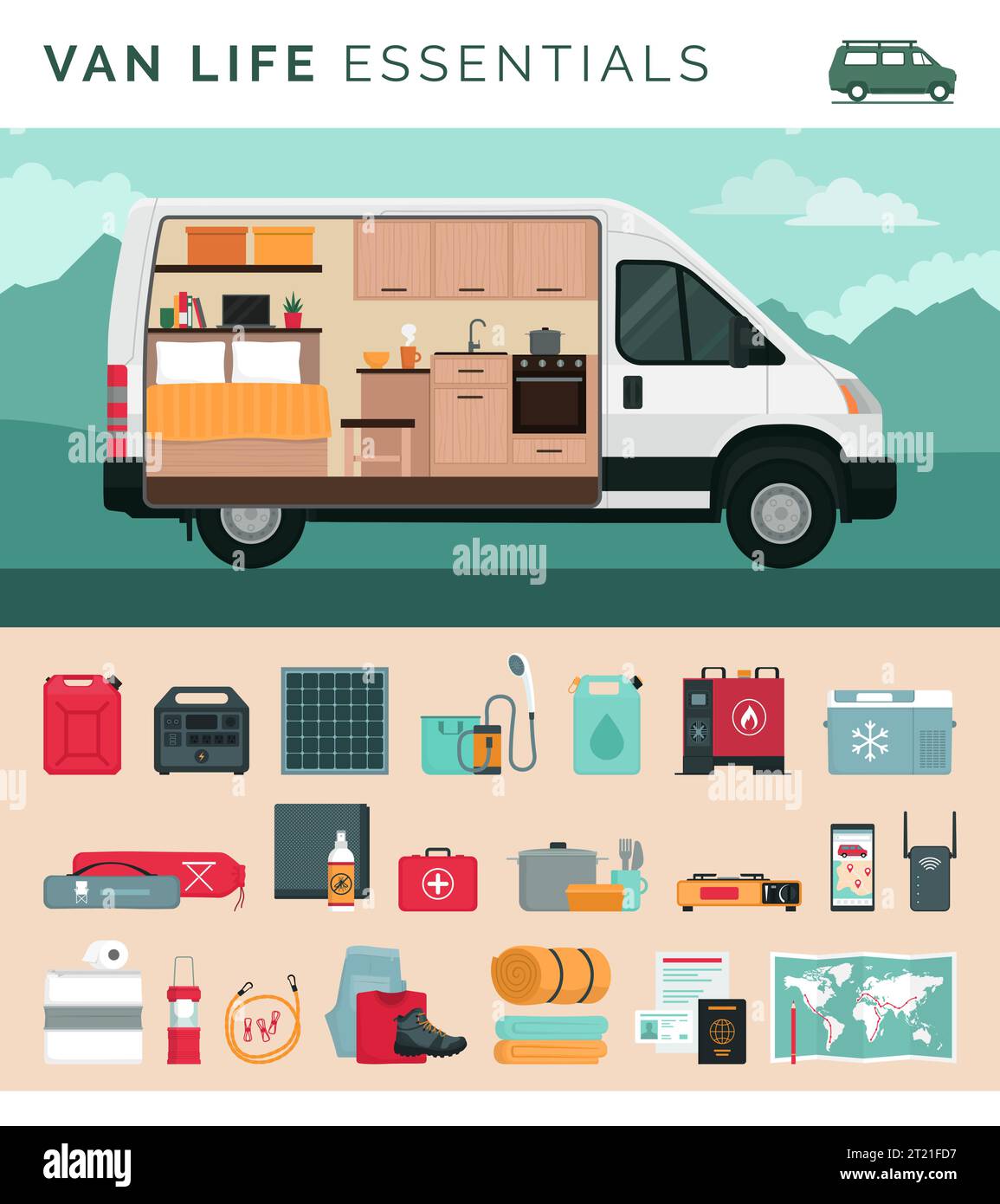 Van life essentials infographic and van interior, travel and lifestyle concept Stock Vector