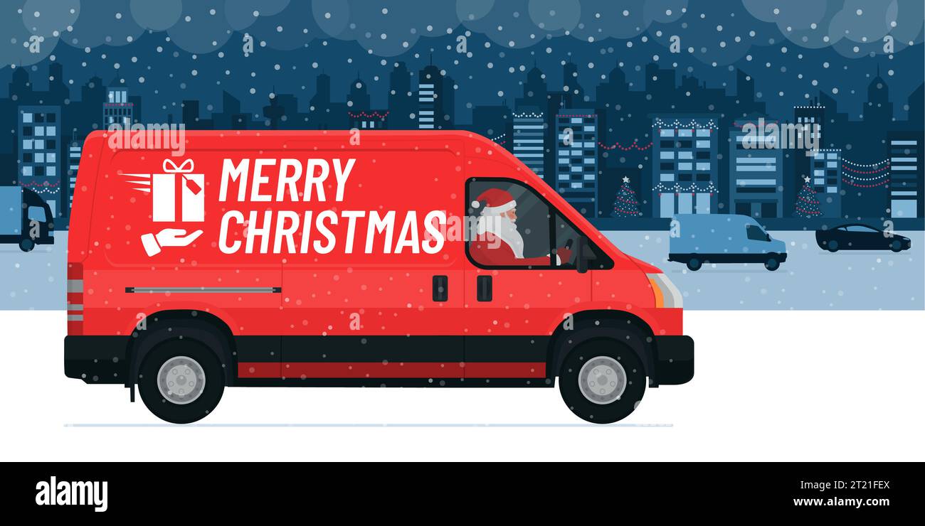 Santa Claus driving a van in the city street and delivering gifts, Christmas wishes Stock Vector