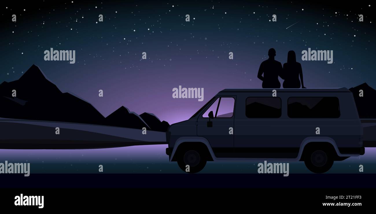 Romantic loving couple sitting on the van roof and stargazing Stock Vector