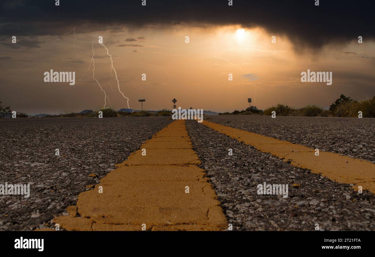 A stunning sunset illuminated by the dramatic lightning over an empty ...