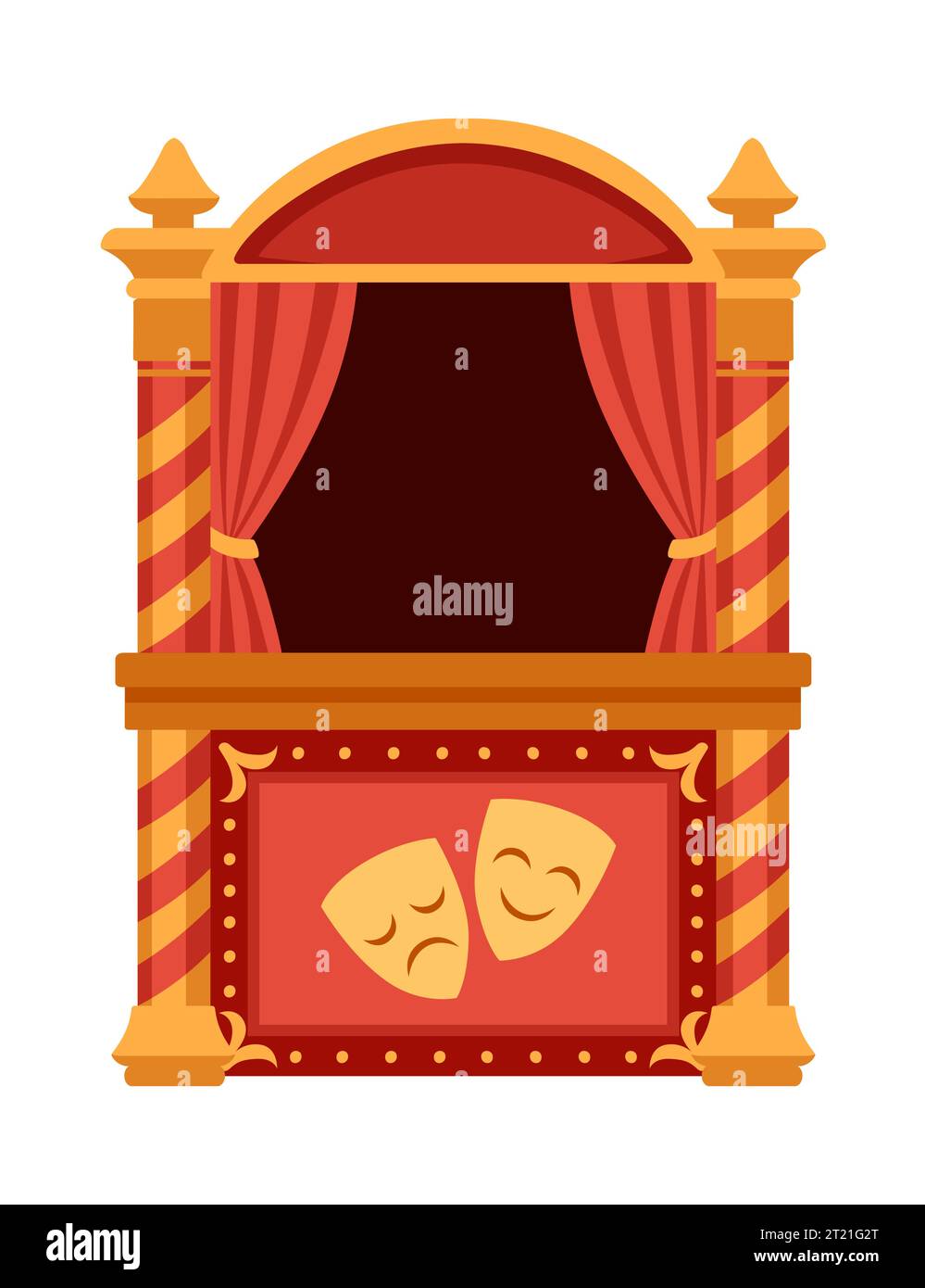 Bright red puppet theater with curtains and open scene. Happy smiling